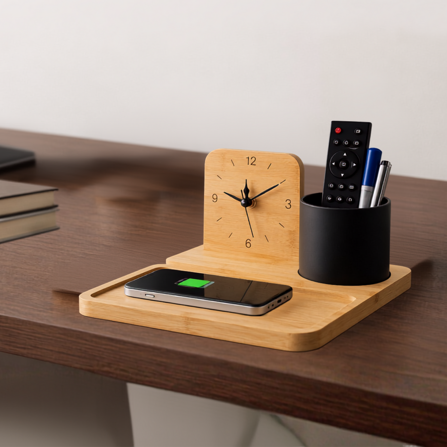 Bamboo Wireless Charger with Desk Organiser