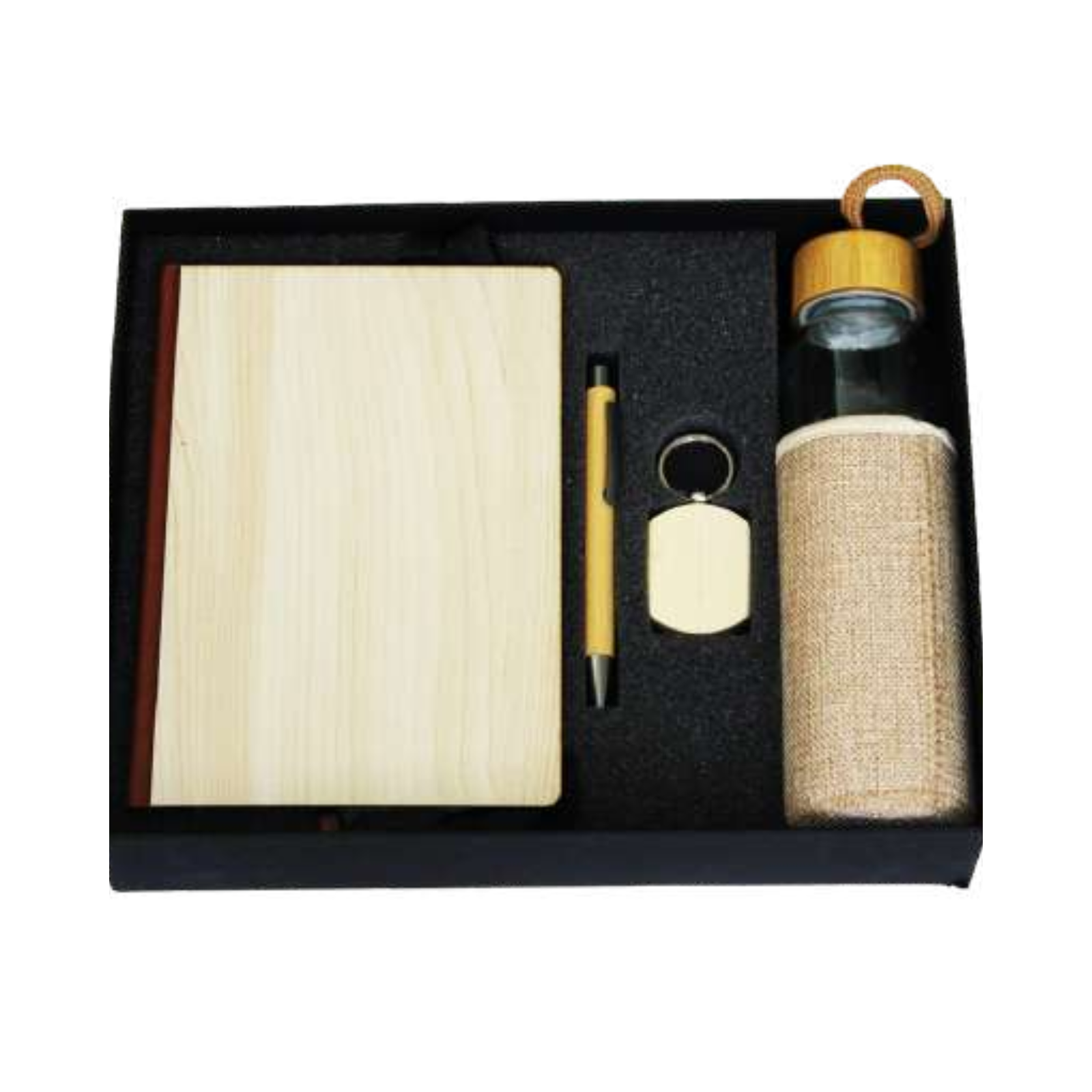 Bamboo Diary, Pen, Keychain and Glass Bottle Combo Set For Employees and Clients - ALWK49